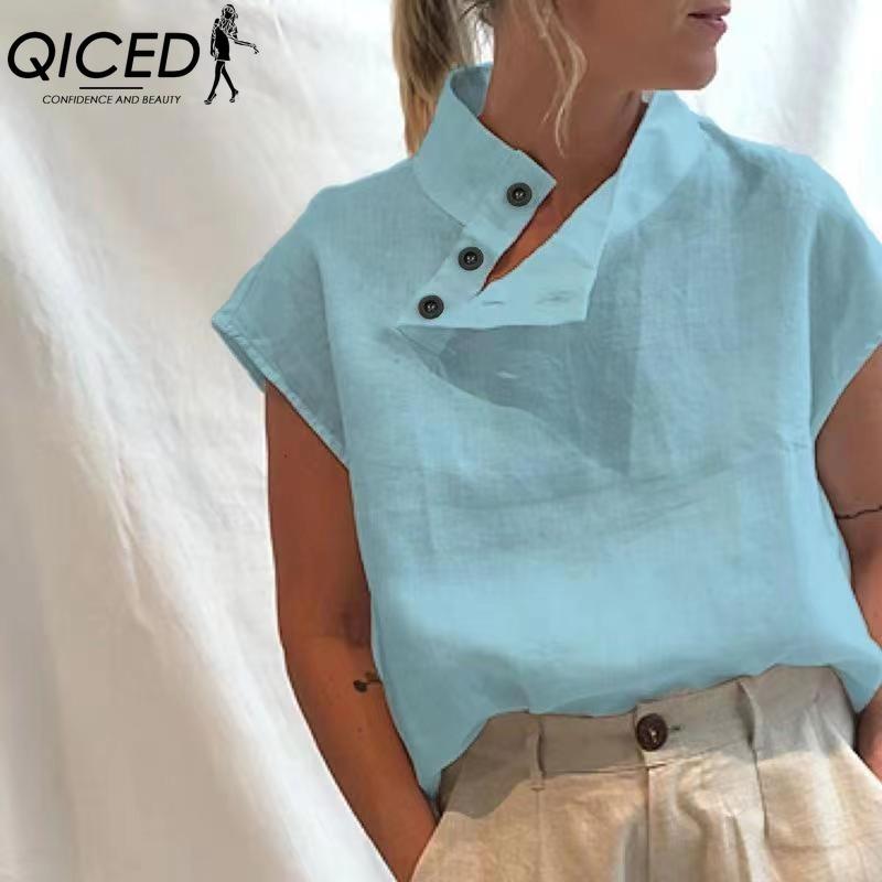 

QICED Женские модные повседневные однотонные блузки и рубашки с принтом и коротким рукавом XXXL небесно-голубой