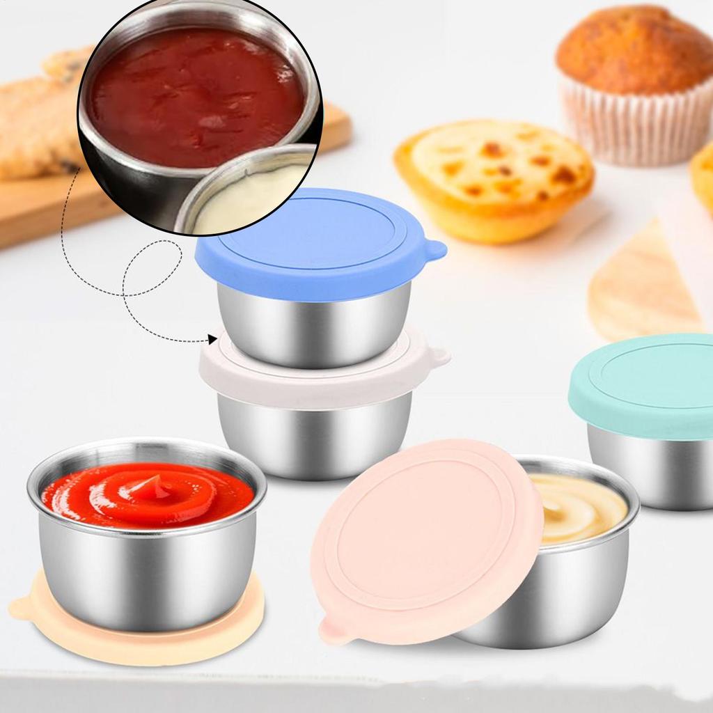 6 Pcs Leakproof Stainless Steel Dipping Sauce Cups Food Containers Reusable Salad Dressing Container Silicone Stretch Lids