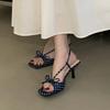 Blue Polka Dot Bow High Heel Sandals Women Fashion Square Toe Back Strap Buckle Brand Designer Shoes Sexy Open-toe Dress Shoes
