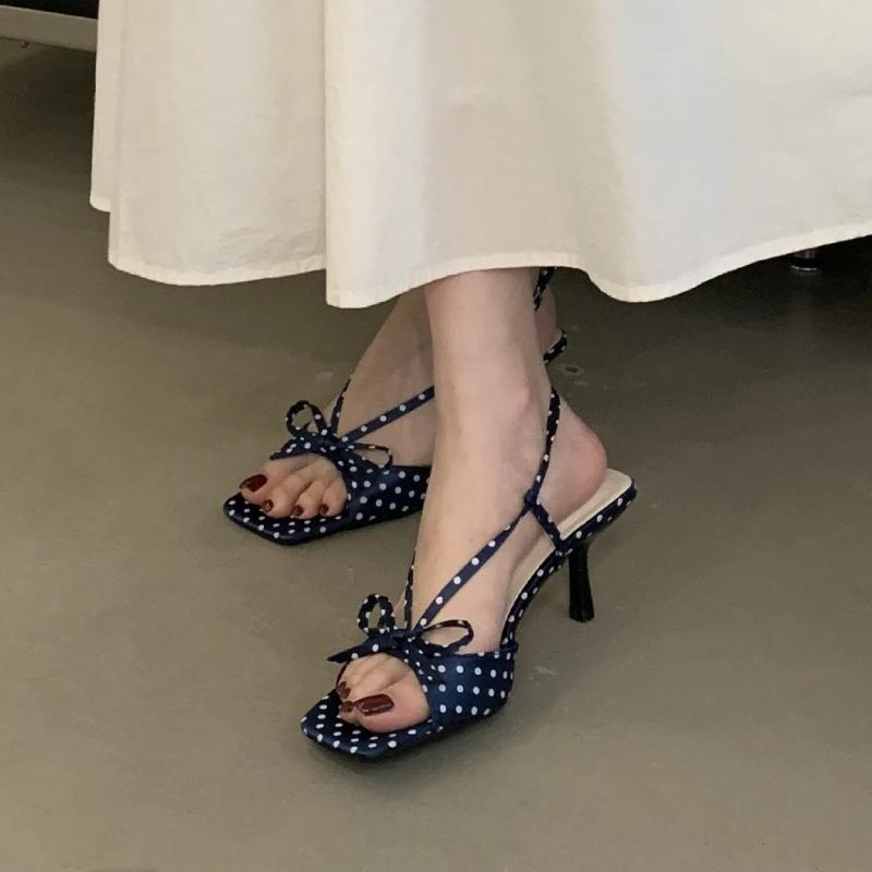 Blue Polka Dot Bow High Heel Sandals Women Fashion Square Toe Back Strap Buckle Brand Designer Shoes Sexy Open-toe Dress Shoes