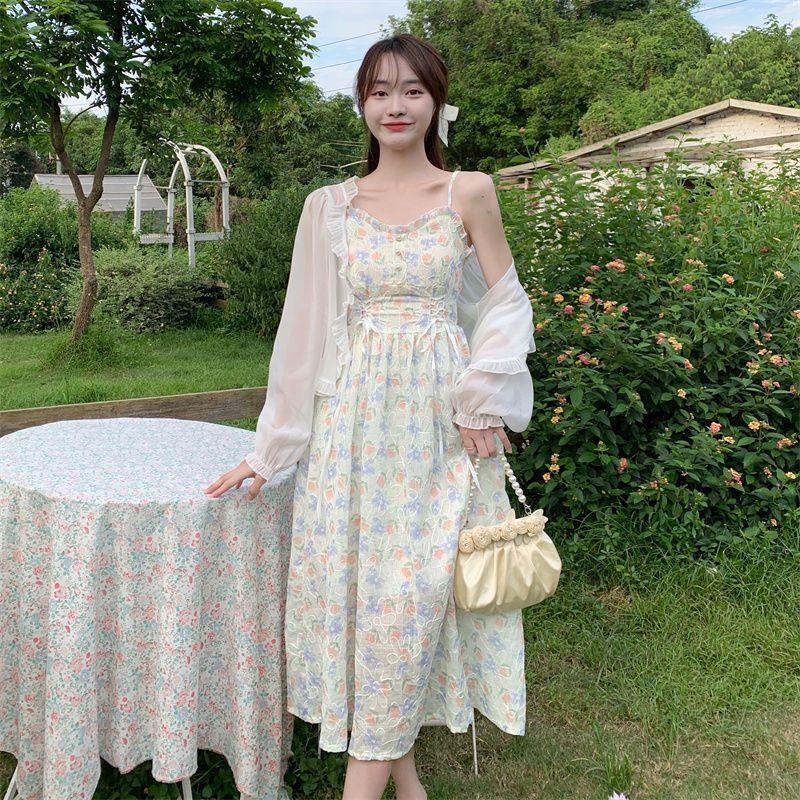 Large Size Sweet and Gentle Dress Waist-skimming Halter Floral Dress Chiffon Dress