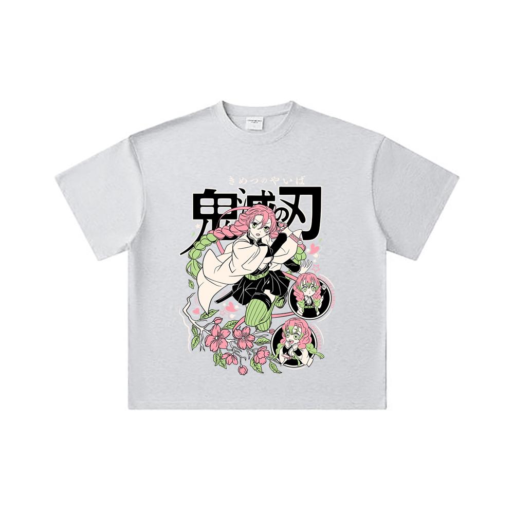 260 GSM Doppeltgarn 32er Zählung 100% Baumwolle Demon Slayer V6 Mitsuri Print Unisex Schweres Baumwoll-T-Shirt