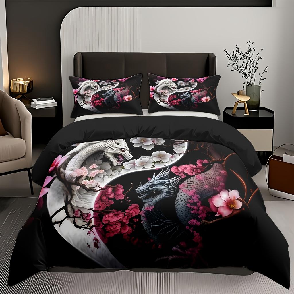 

Комплект пододеяльника «Дракон и цвет сакуры» - Мягкая цифровая печать высокой четкости Черный с розовыми цветами Мягкий Дышащий US Twin(172x218cm)