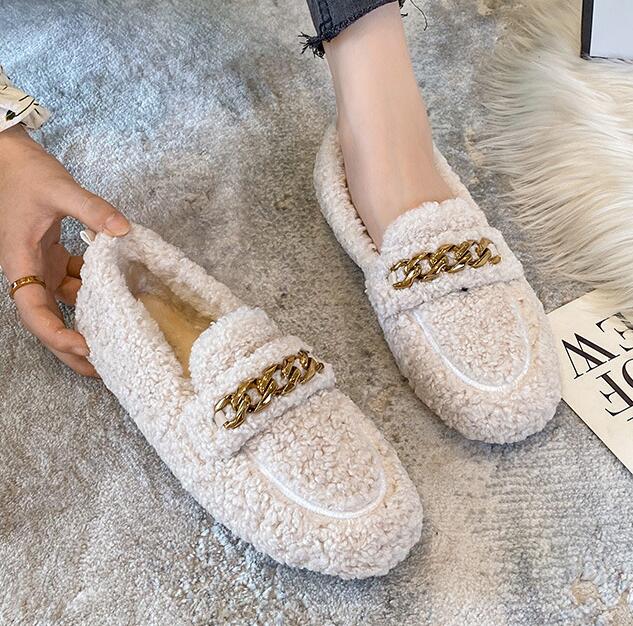 Fashion Plus Size Women Shearling Flats Furry Lambswool Mocasines Mujer Warm Cotton Shoes Ladies Slip On Sheep Fur Lined Loafers Winter