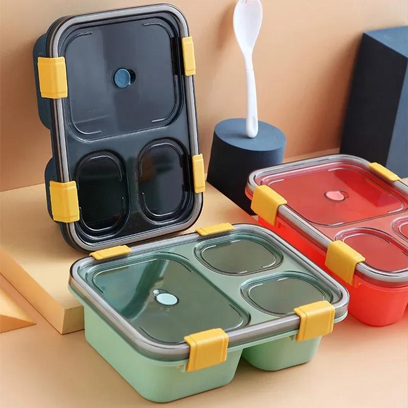 Divided Bento Box for Students Three Divided Lunch Box Covered Soup Box Plastic Kitchen Tableware Microwave Sealed Lunch Box