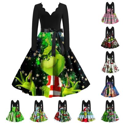 Damen Weihnachten Bedrucktes Patchwork Kontrast V-Ausschnitt Slim Fit Langarm Swing Kleid