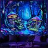 Blacklight Mushroom Tapestry UV Reactive Misty Forest Landscape Tapestry Fantasy Fairy Wonderland Butterflies Wall Hanging Water