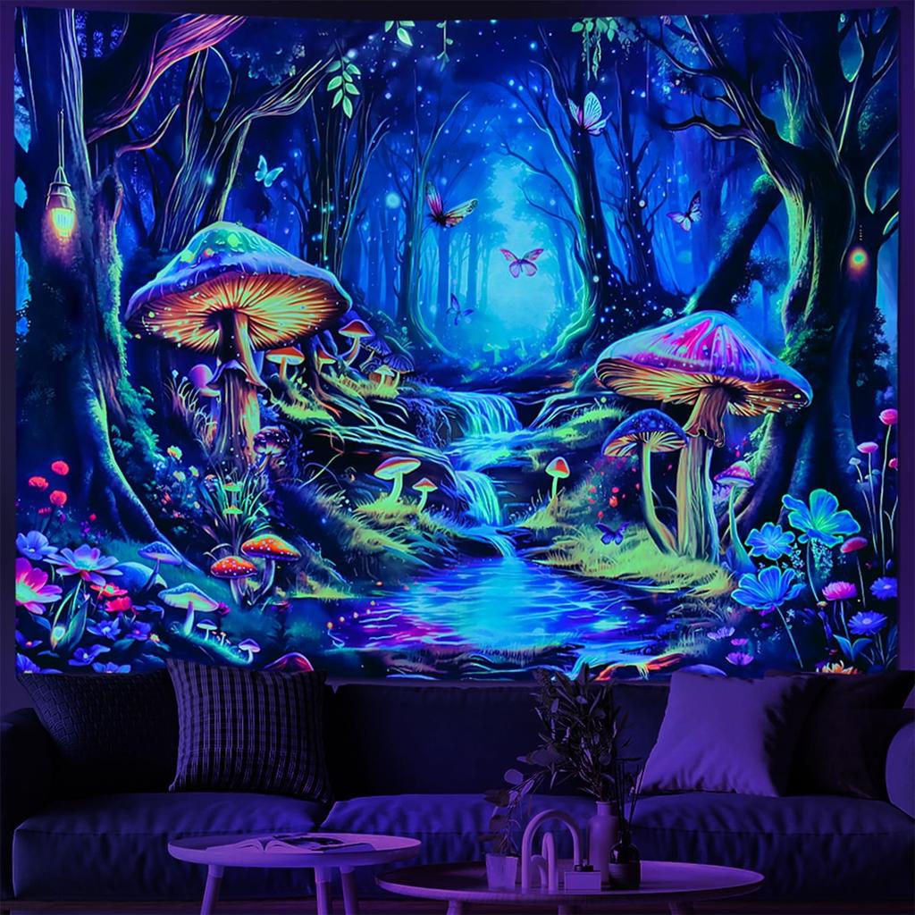 Blacklight Mushroom Tapestry UV Reactive Misty Forest Landscape Tapestry Fantasy Fairy Wonderland Butterflies Wall Hanging Water