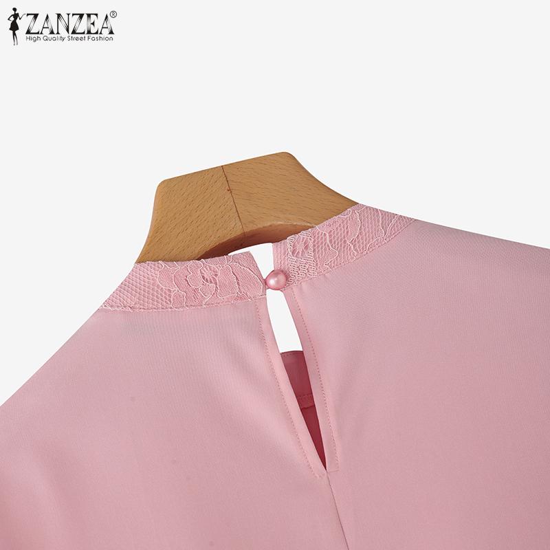 ZANZEA Women Casual Round Neck 3/4 Sleeve Lace Patchwork Blouse