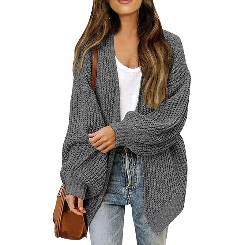 Chic Autumn Idle Style V-Neck Knitted Cardigan Women Sweater Jacket Versatile Loose Fit Casual Solid Color Lantern Sleeve Pullovers