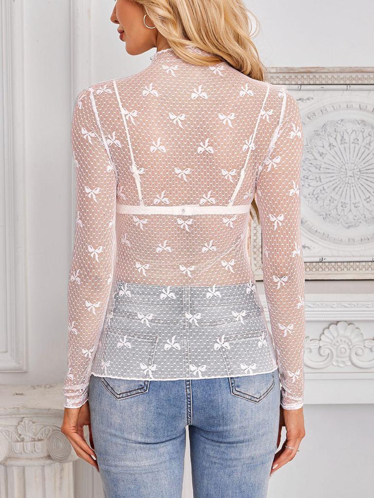 2025 European-American Slim Fit Long Sleeve Lace Bow Top