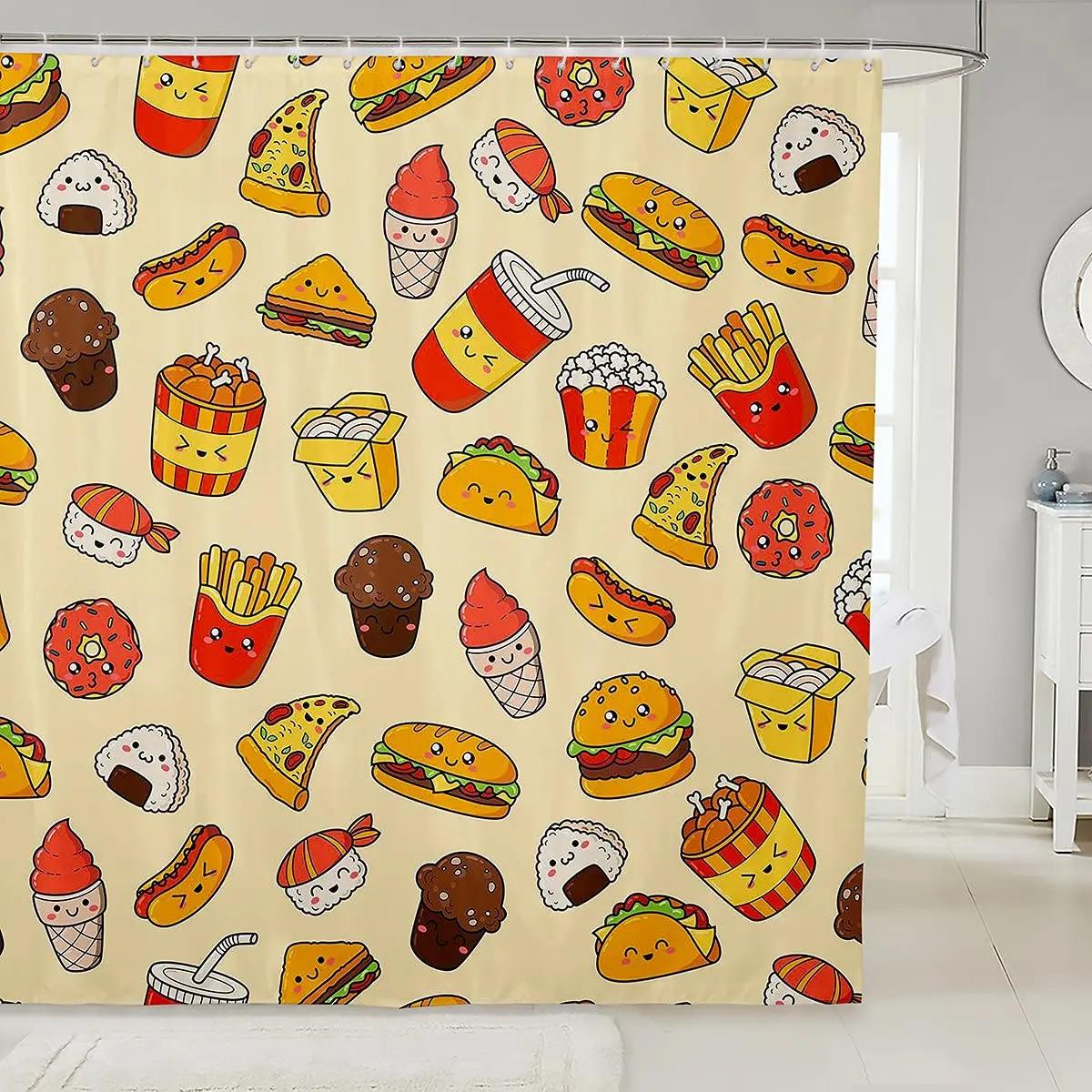 

Burger Puppy Shower Curtain Lovely Dog In Hamburger Shower Curtains For Bathroom Fast Food Human Friend Waterproof Bath Curtains W60H190(CM)-1 Pcs