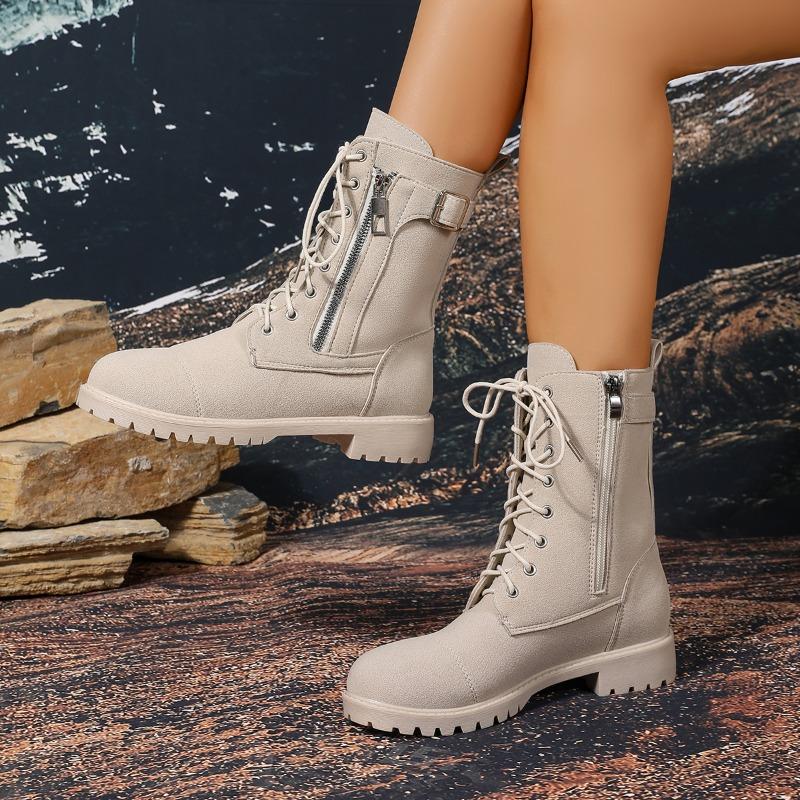 Módní semišové boty na blokovém podpatku podzimní nové kulatá špička šněrování vpředu boční zip měkká podrážka protiskluzové kotníkové boty