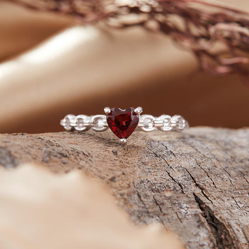 Natural Amethyst Topa Garnet Diopside Colored Treasure Love Ring Women'S S925 Sterling Silver Heart-Shaped Index Finger Ring