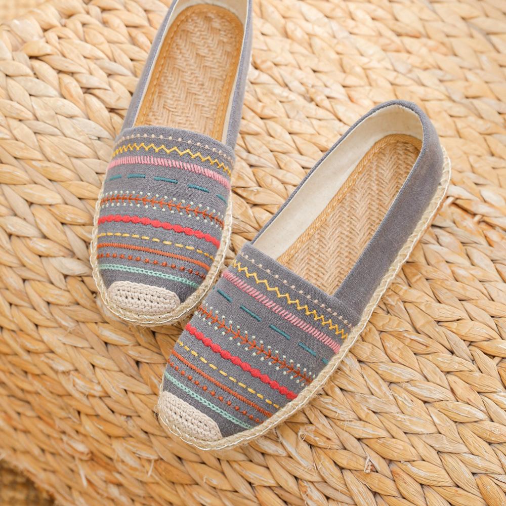 

Johnature, хлопково-льняные туфли в полоску с вышивкой в ​​этническом стиле, удобные женские туфли ручной работы на плоской подошве с круглым носком 38 серый