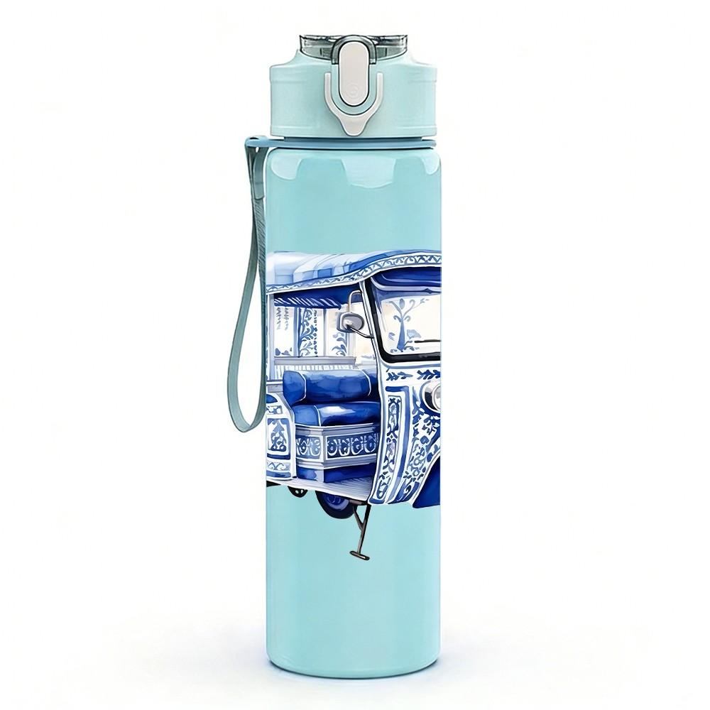1PC Vintage Blue Truck Retro Pattern 750ml Color Plastic Sports Water Bottle Leakproof Flip Straw Lid Suitable for Sports Office Home Use
