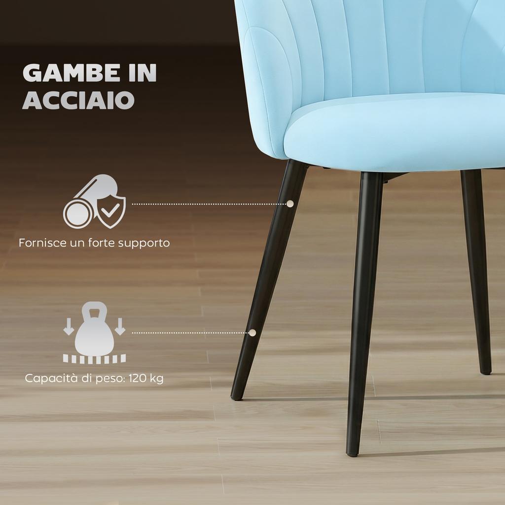 Set of 2 Padded Dining Chairs with Shell Backrest in Velvet, 52x55x79 cm, Light Blue