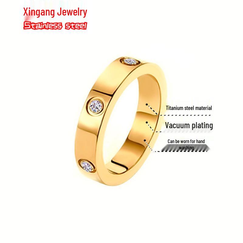 Titanstahl Partnerring für Damen und Herren mit Sechs Diamanten, Ins Stil, Farbechter Edelstahl Finger Schmuck.