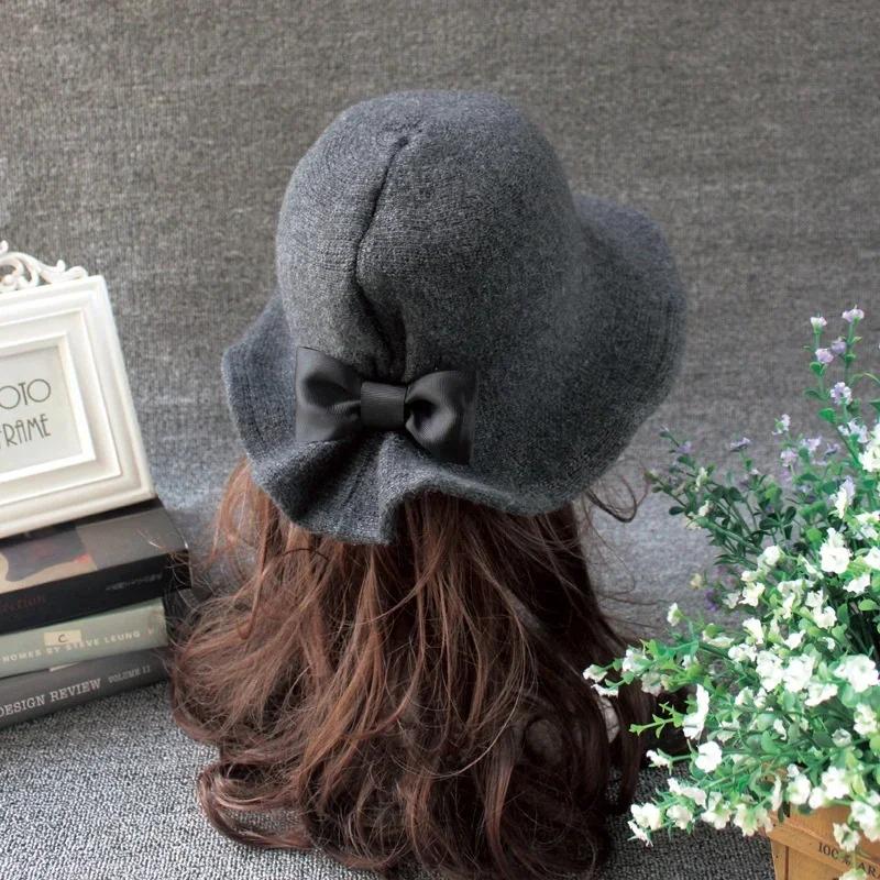 Vintage Wool Bucket Hats Women Fashion Bows Basin Fisherman Hat Winter Black Coffee Dark Camel Hat Ladies Head Accessories