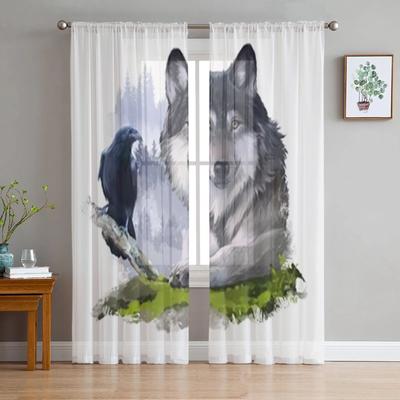 Cortinas de janela transparentes Wolf And Raven On The Rocks para sala de estar, quarto, cortinas de tule de voile modernas, cortinas de tecido para cozinha 