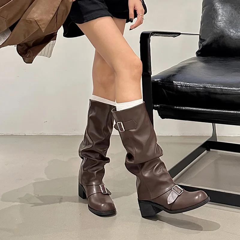 Winter Cowboy Boots For Women Fashion Slip On Long Boots Female Elegant Square Heel Women's Knight Bootties