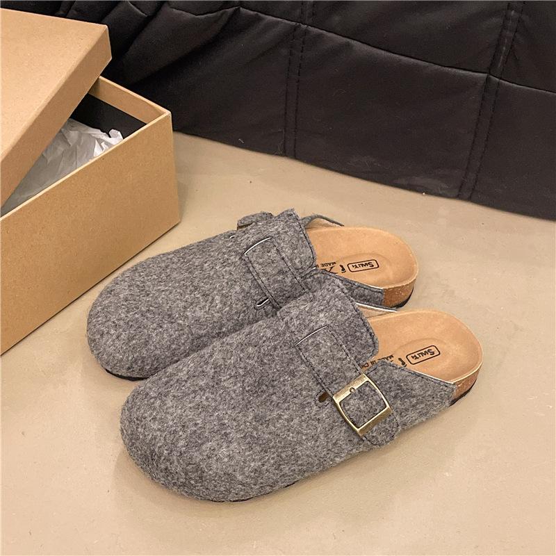 Platform-soled Birkenstock Shoes, Woolen Bag Head, Half Slippers, Women's Outer Wear 2025 Spring and Autumn New Belt Buckle Slippers