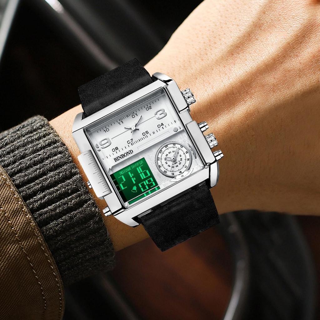 RORIOS Wristwatch with Date and Day Dual Time Quartz Waterproof Wristwatch with Alarm Lightweight Business Sports Watch with Luminous LED and Leather