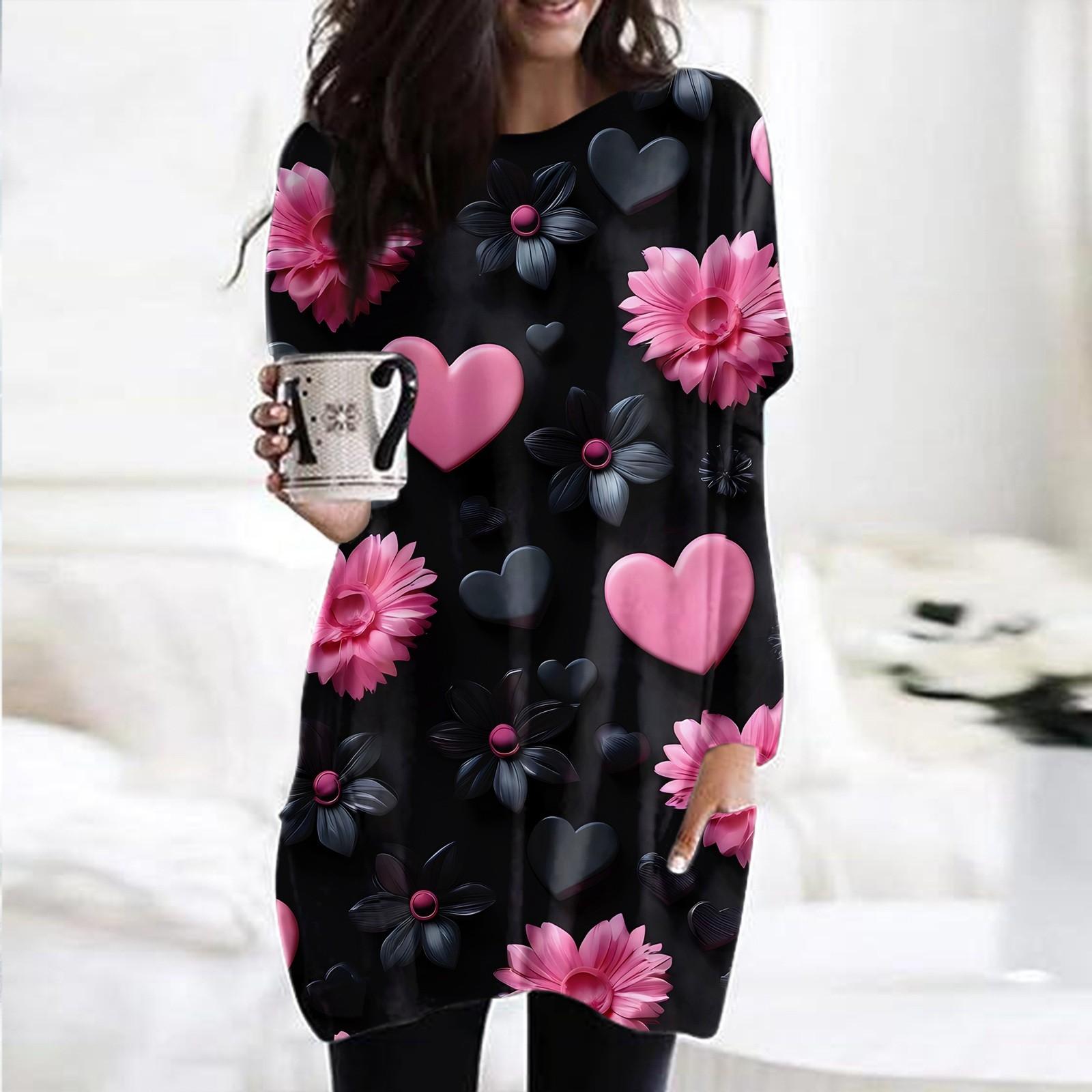 

Женский модный повседневный топ с длинным рукавом и круглым вырезом ко Дню святого Валентина с принтом в виде сердца XL чёрный