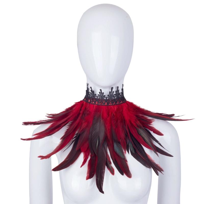 Feather Costume Neck Accessory with Lace Trim, Cosplay Capes Shoulder Wrap, Gothic Pull-On Collar for Party Photos and Stage Styling Appeal