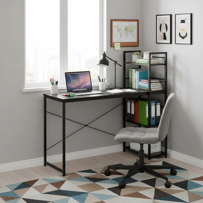 Bureau d'ordinateur - SPRINGOS - 120x48x122 cm - Métal noir - Étagères intégrées - Style industriel