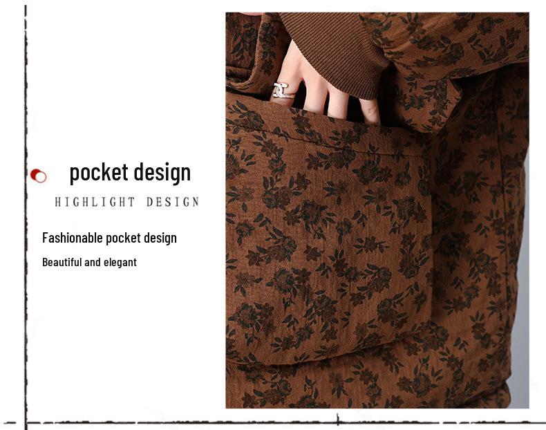 2024 Women's Retro Print Cotton Jacket - Winter Style, Plus Size, Loose Fit, for Middle-Aged and Elderly Moms
