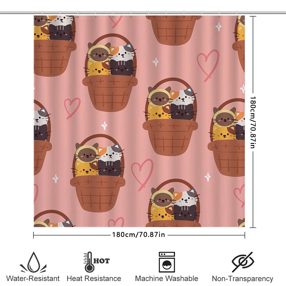 Cute Cat Puppy Pattern Shower Curtain For Bathroom Decor Pink Animal Design Waterproof Fabric