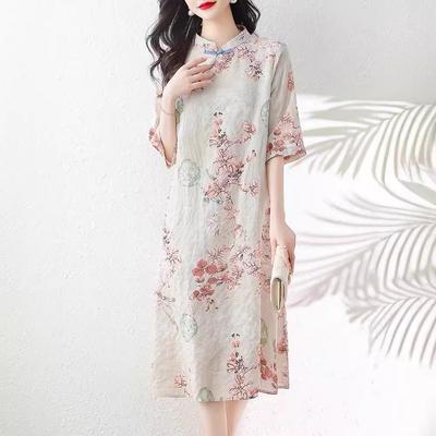 2024 Summer Elegant Retro Print Cotton Qipao Dress with Diagonal Lapel and Stand Collar