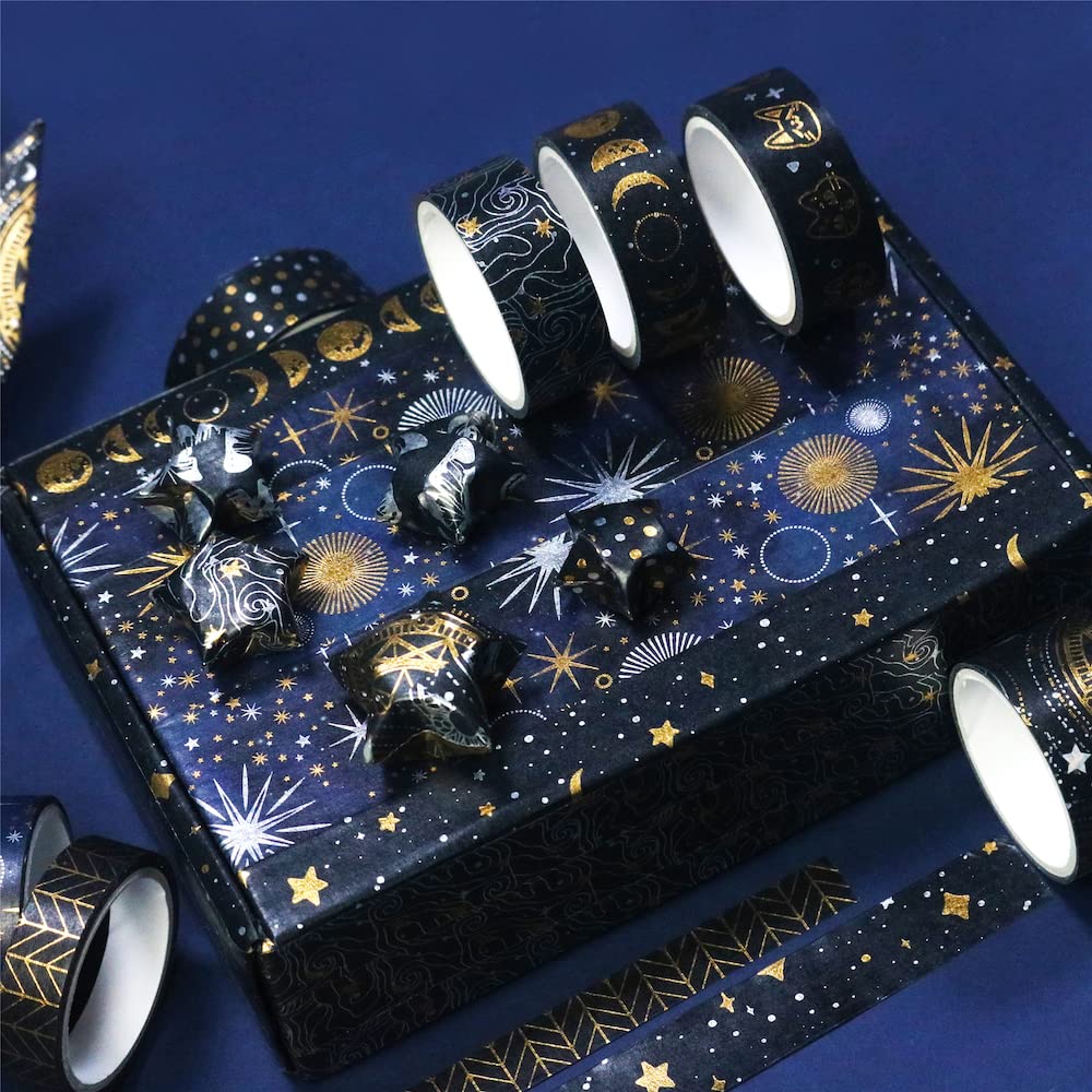YUBBAEX 9 Rolls of Mysterious Space Masking Foil Super Perfect for Gift DIY and Notebook Decor Tape, Wide, Silver/Gold Stamping, Cute, Thin, Wrapping,