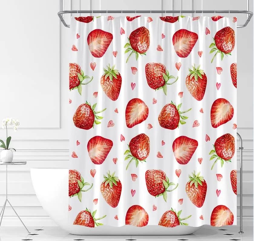 Cartoons Fruit Strawberry Printing Bathroom Curtains Waterproof with Hooks Shower Curtain Polyester Hanging Curtains Multi Size