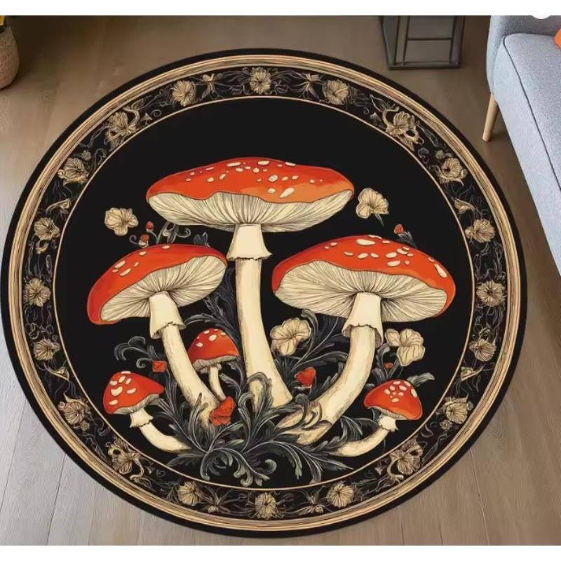 Round Black Carpet Dreamy Colored Mushroom Pattern Rug Living Room Bedroom Anti Slip Dirt Resistant Floor Mat Home Decoration