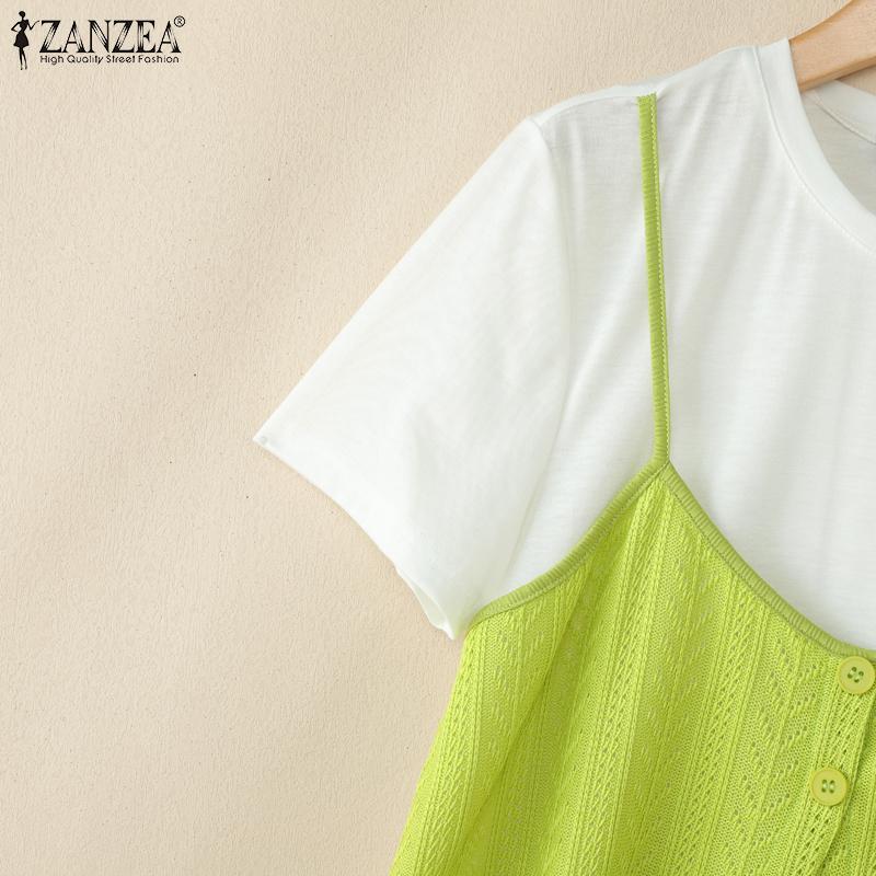 ZANZEA Womens Summer Round Neck Patchwork Short Sleeve T-shirts