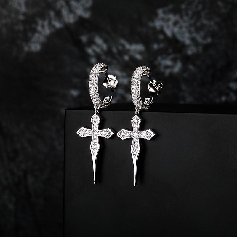 European & American Hip-Hop Style Zircon Cross Hoop Earrings - Fashion Trend for Men and Women