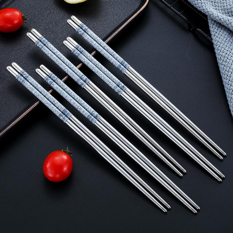 5/10/15/20Pairs Stainless Steel Porcelain Print Chopsticks Non-Slip Chinese Chopstick For Cooking Eating Easy To Clean