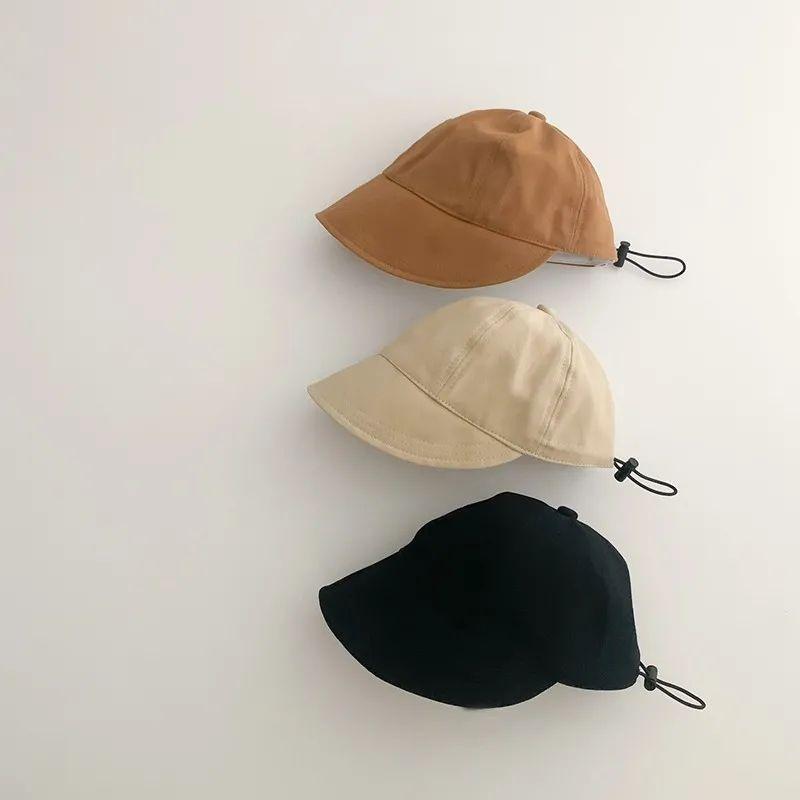 Sommer Baby Sonnenhut mit breiter Krempe Unifarbene Schirmmütze für Jungen Mädchen Koreanisch Verstellbarer Kordelzug Kinder Fischerhüte