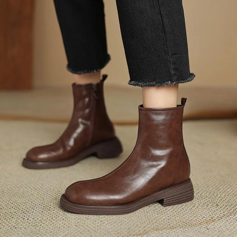 Fashion NEW Winter Women Boots Round Toe Chunky Heel Shoes Split Leather Shoes for Women Concise Warm Plush Ankle Boots Zip Modern Boots