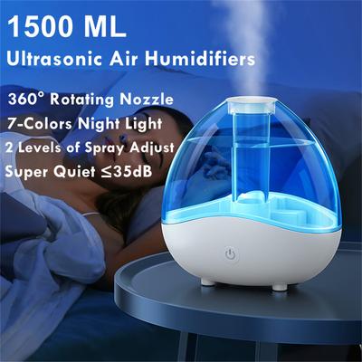 1500ML/50 73oz Nawilżacze Powietrza Duża Pojemność Dysza z Obrotem 360° Automatyczne Wyłączanie, Nawilżacz USB z 7 Kolorami Świateł Nocnych