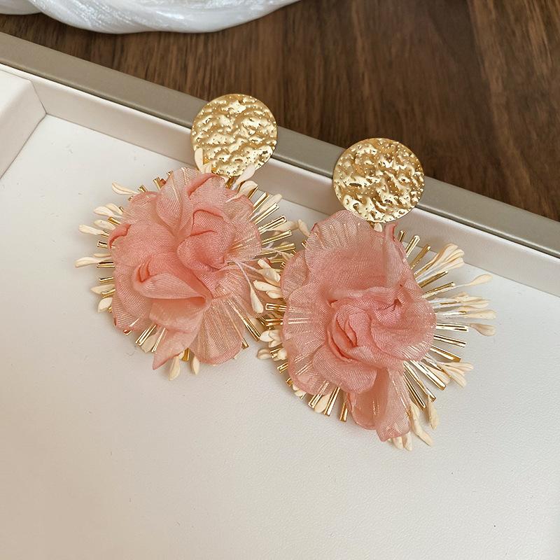 Pink Yarn Mesh Flowers Tassel Dangle Earrings for Women Sweet Girly Imitation Pearl Pendientes Fairy Lolita Party Ear Decoration