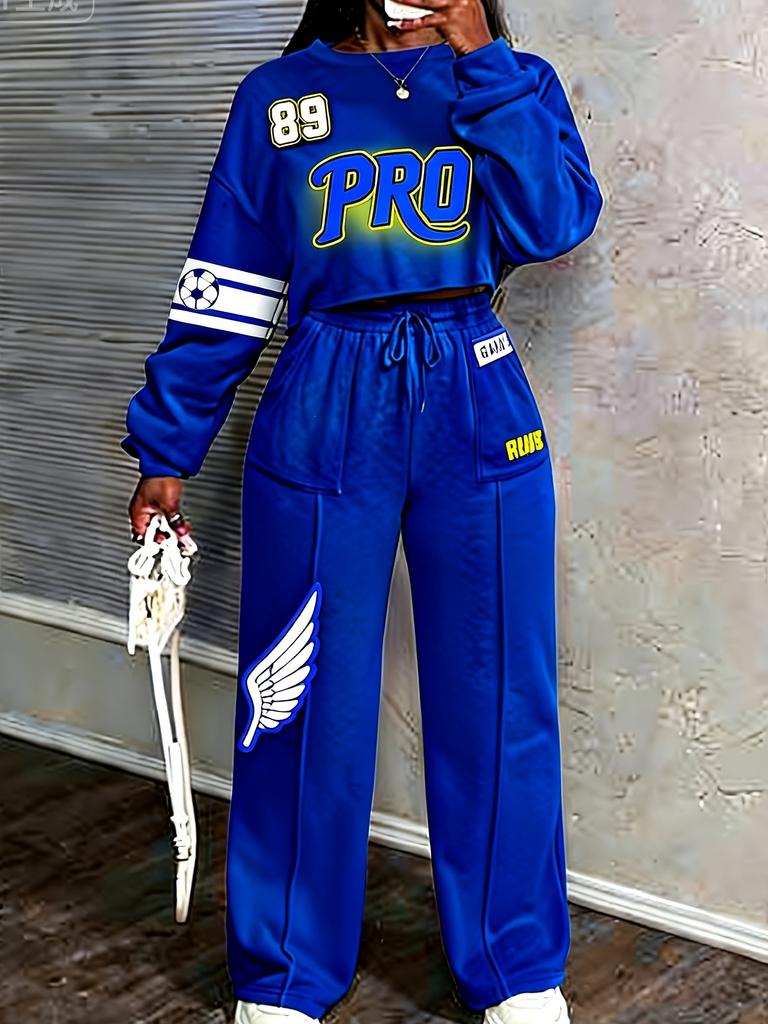 Retro americano, tuta sportiva con lettere per donna, maniche a spalla, maglione corto + pantaloni della tuta, set casual due pezzi.