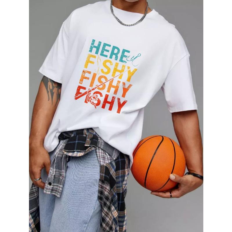 Crew Neck T Shirt White Here Fishy Fishy Fishy Fishing Rod and Hook Graphic for Outdoor Activities and Casual Wear