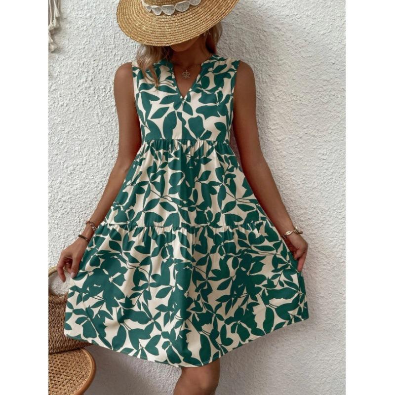 Elegant Sleeveless V Neck Floral Print Boho Mini Dress Summer Ruffle A Line Party Tank Dress Large Size Women Casual Loose Oversize Beach Sundress