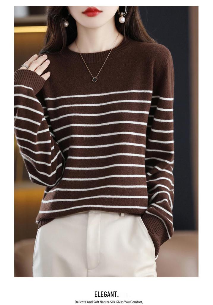 Women's Wool Round Neck Sweater - Autumn/Winter Striped Loose Knit Base Layer