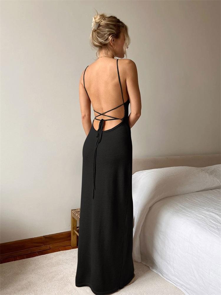 EDOLYNSA 2024 Summer Sexy Backless Knitted Halter Sleeveless Wrap Beach Maxi Dress Swimsuit Bikini Cover-ups Elegant Holiday Bodycon Outfit K8