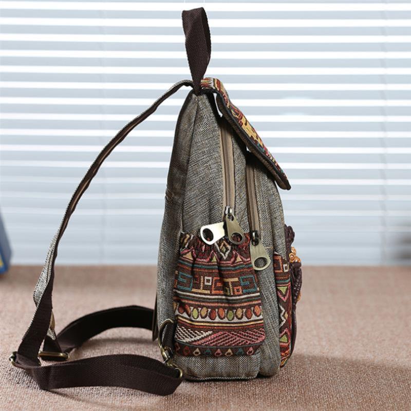 1Pc Handmade Backpack Women's Vintage Canvas Backpacks National Style Geometrical Printed Bag Female Simple Travel Backpack