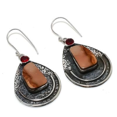 Natural Mookaite, Garnet Gemstone 925 Sterling Silver Earring 2.25" S9R20